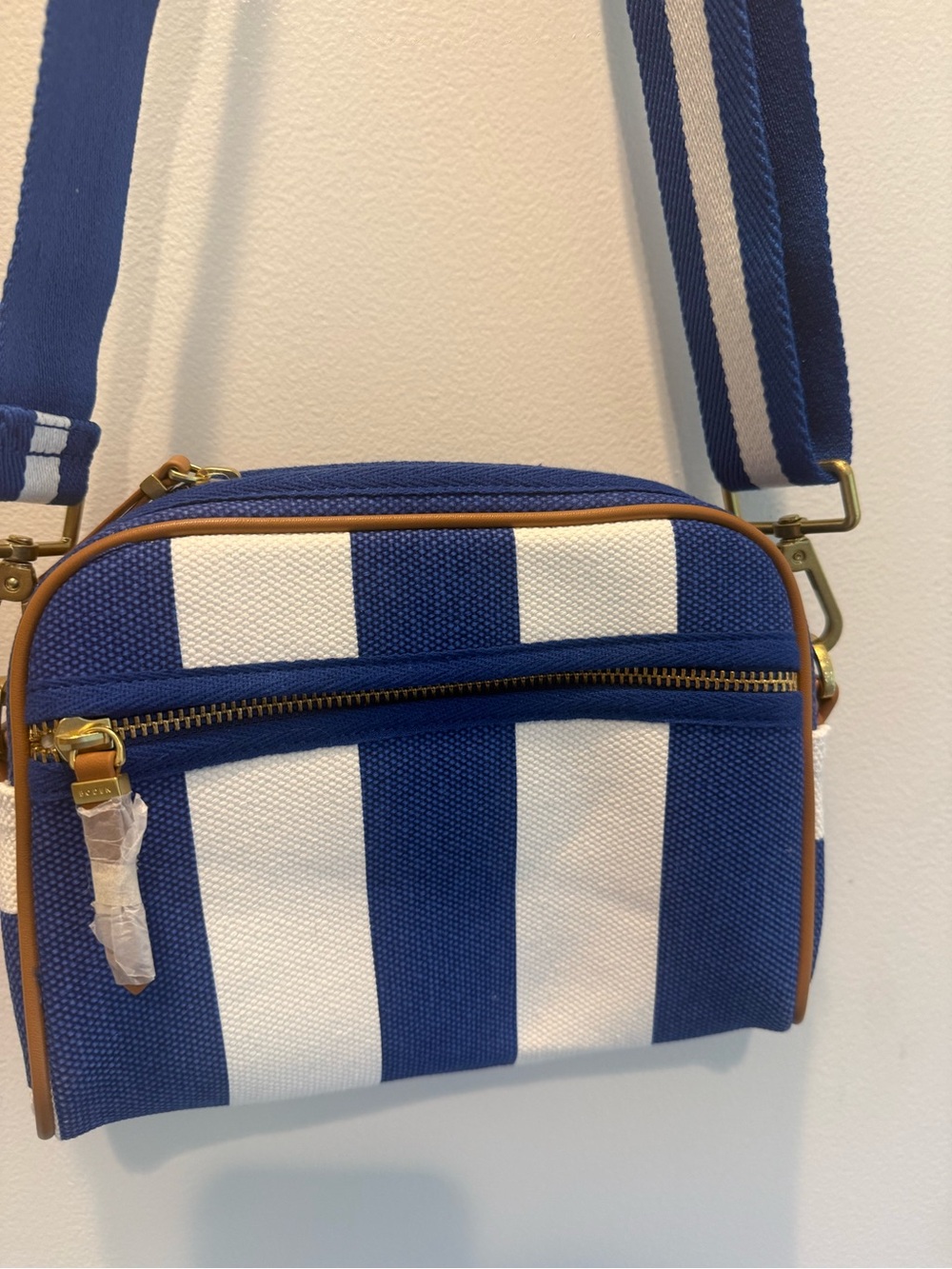 Boden Navy & White Striped Canvas Crossbody with Tan Trim